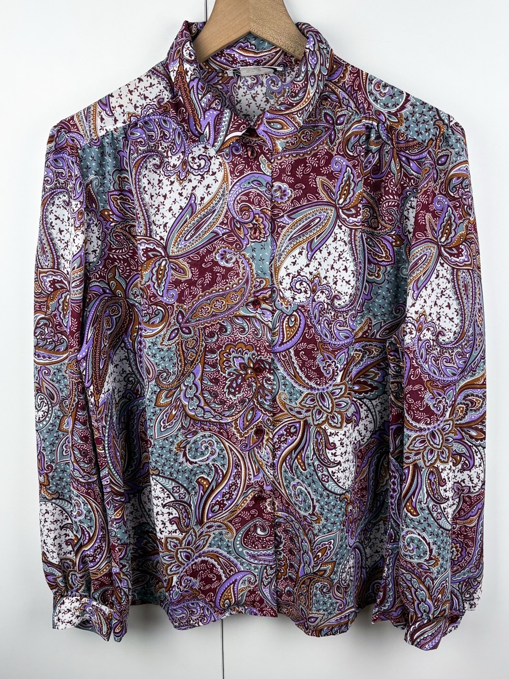 Vintage 80s Paisley Puff Sleeve Long Sleeve Chiffon Button Down Blouse Top